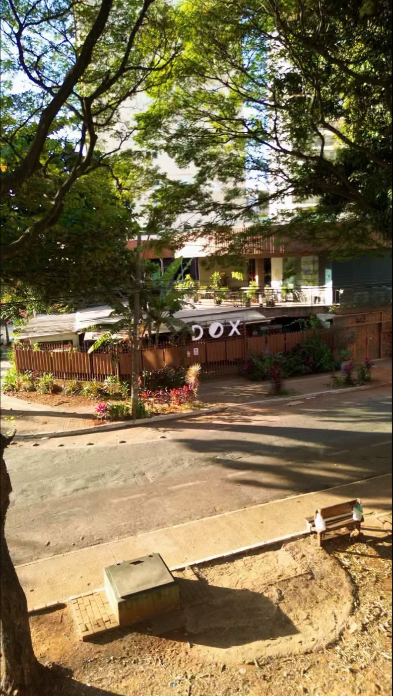 Fachada da Dox vista da rua, com o letreiro DOX entre as árvores
